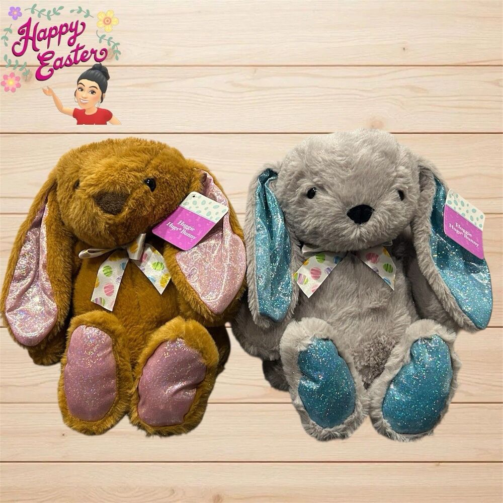2x Dan Dee Huggie Hugs Bunny Rabbit Easter Egg Bow Plush Stuffed 14" Each
